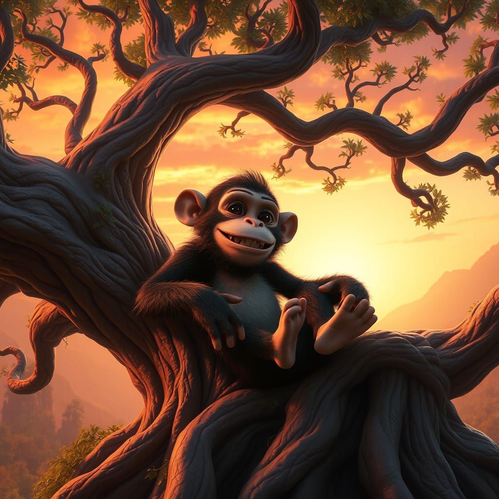 Surreal Monkey Enjoys Sunset in Ancient Tree