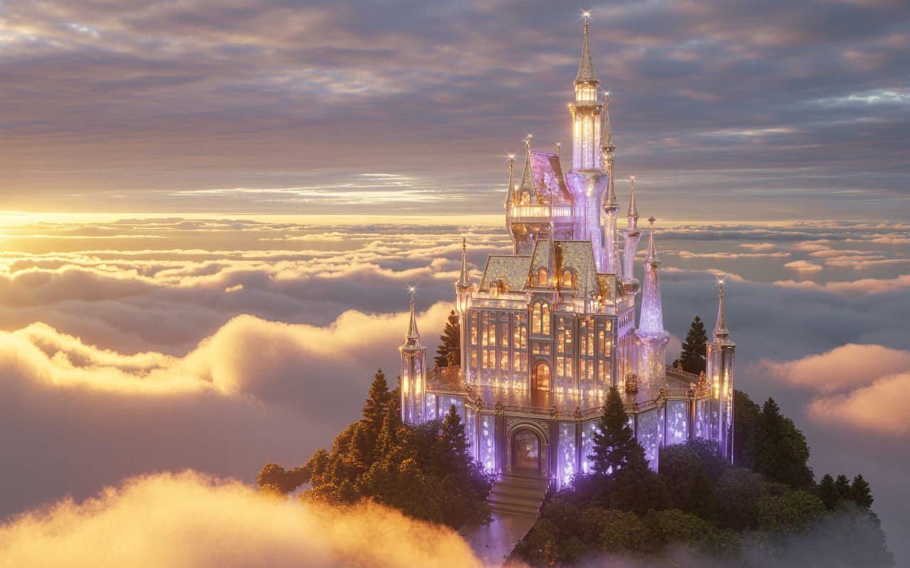 Floating Crystal Castle at Sunset: Stained Glass Mosaic Art