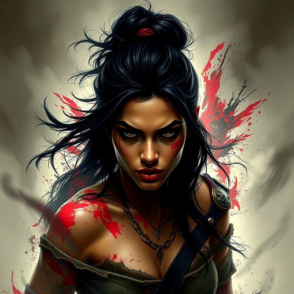 Fierce Latina Warrior in Moody Stormy Landscape