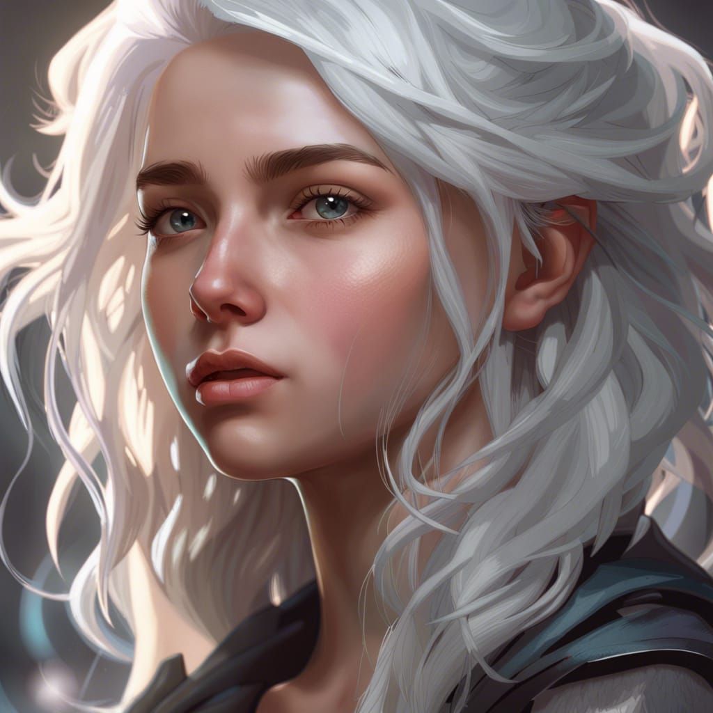 White-Haired Girl Portrait in Art Nouveau Style