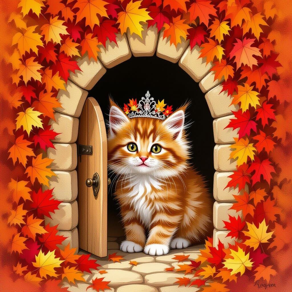 Fluffy Kitten in Autumn Leaf Castle