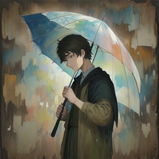 Young Boy Umbrella Artwork in Distressed Papier-Mâché Style