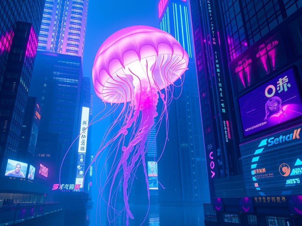Bioluminescent Jellyfish Drifts Through Neon Cityscape