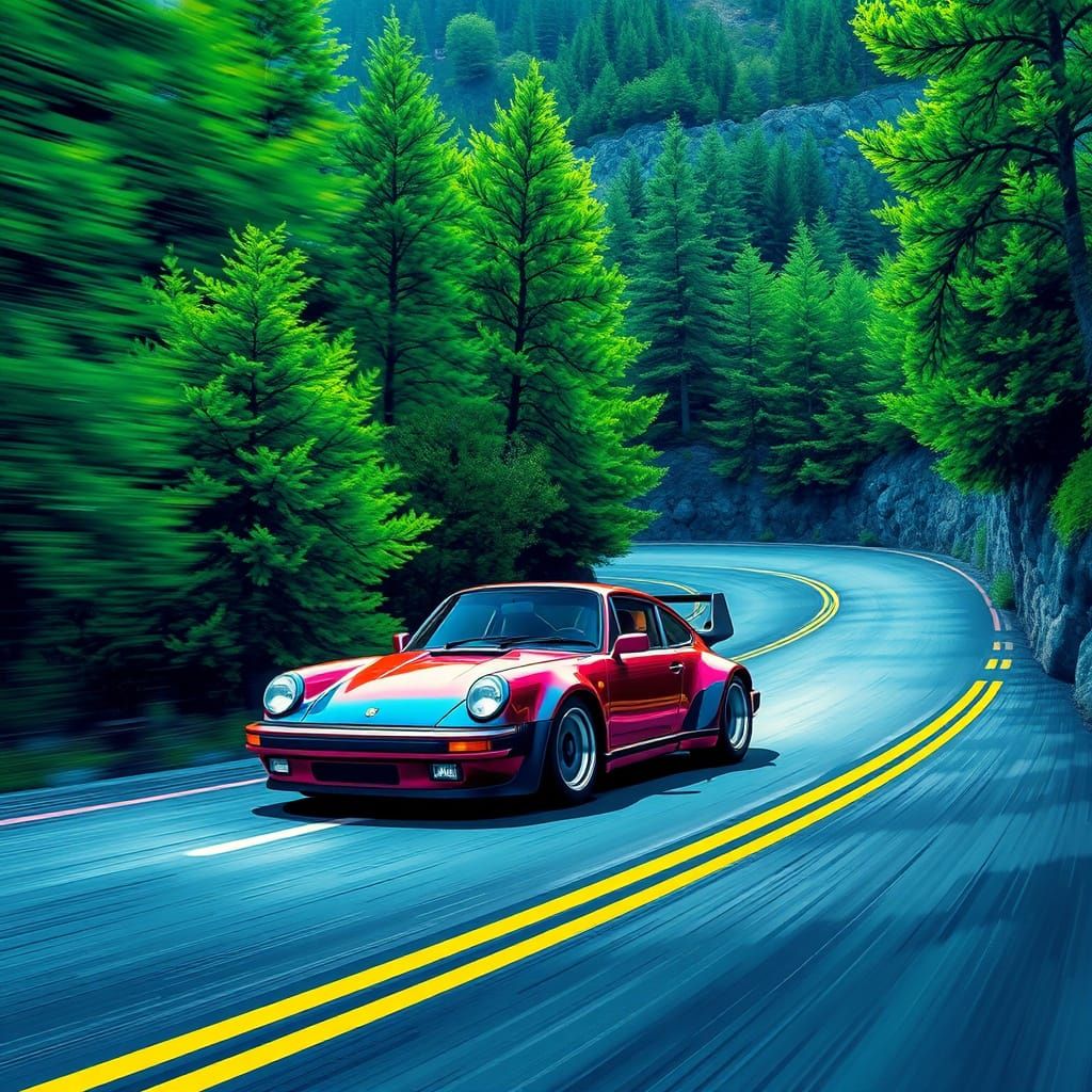 Cyberpunk Sports Car Speeds Through a Lush Mountain Road