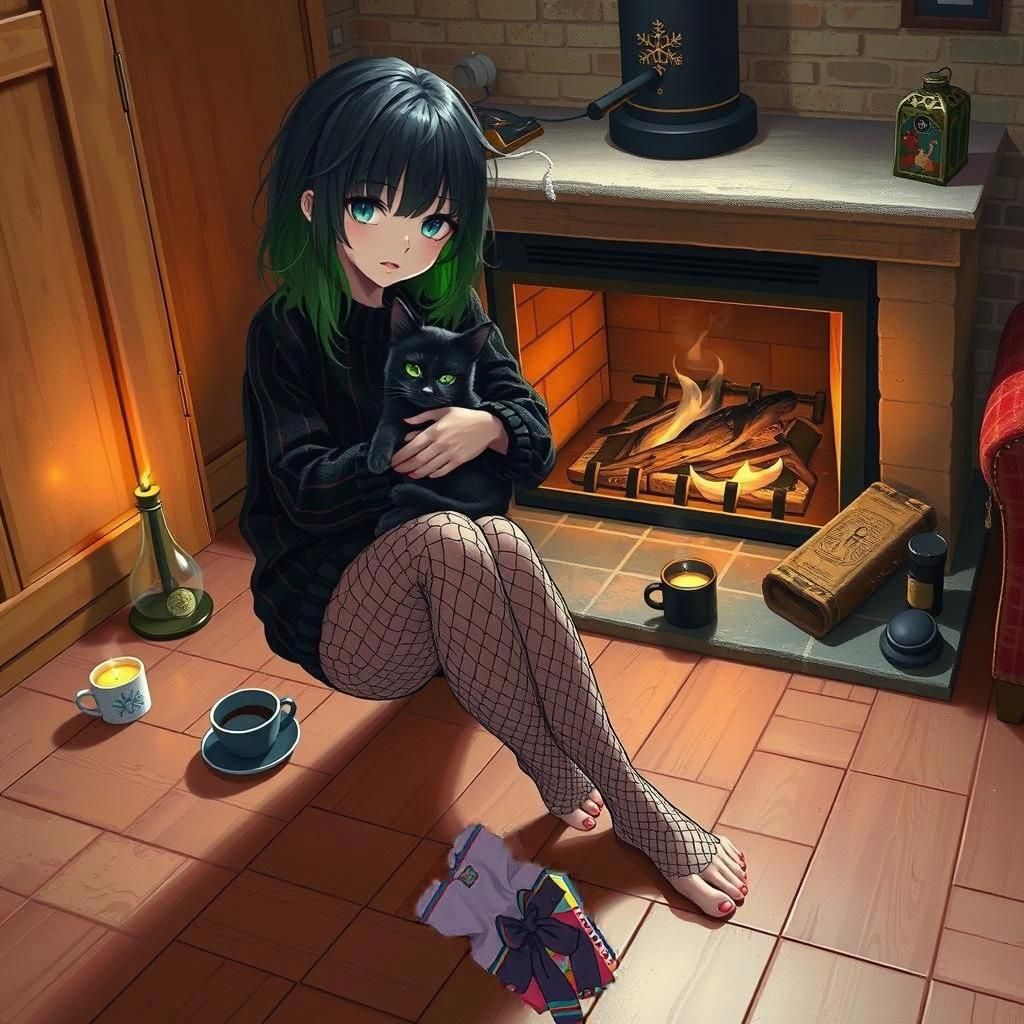 Emo Girl with Cat by Fireplace: 8-Bit Pixel Art