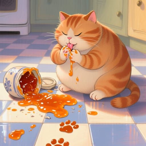 Marmalade Cat Makes a Mess on Kitchen Floor