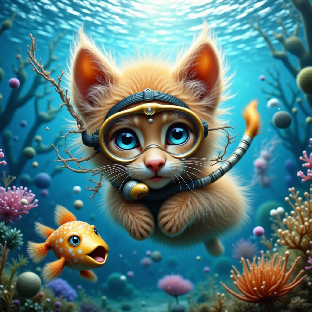 Cat Snorkeling with Puff Fish in Ocean Depths
