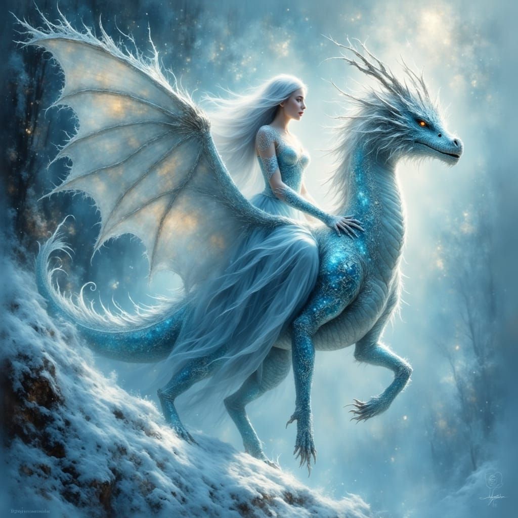 Ethereal Elf Dragon Rider in Cinematic Frosty Landscape
