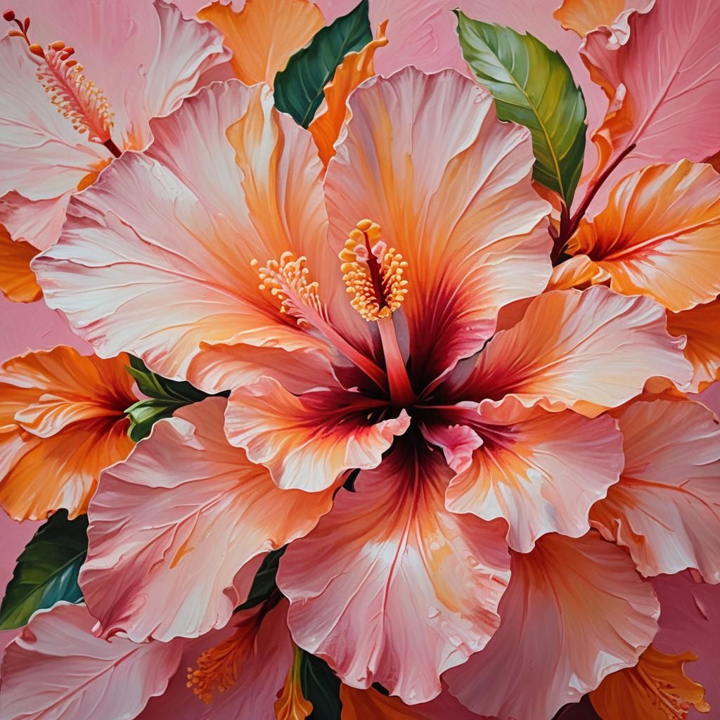 Pink-Orange Hibiscus Flower in Vibrant Oil Painting