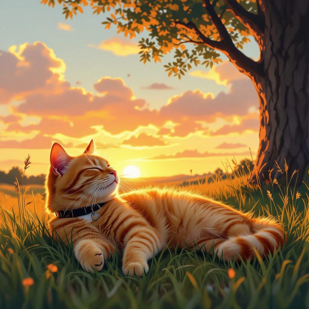 Photorealistic Orange Cat Waking in Golden Sunset