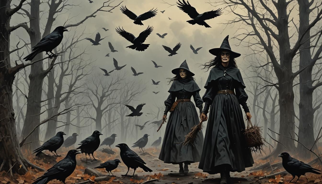Sinister Puritan Witch with Crows