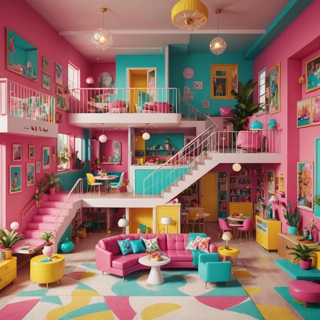 Retro Barbie Dreamhouse Interior in Mid-Century Modern Style