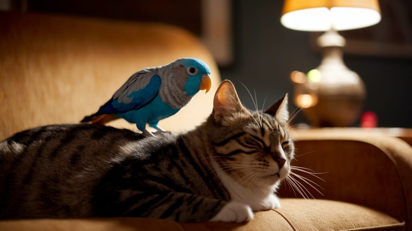 Whimsical Parrot and Cat Moment in Warm Golden Light