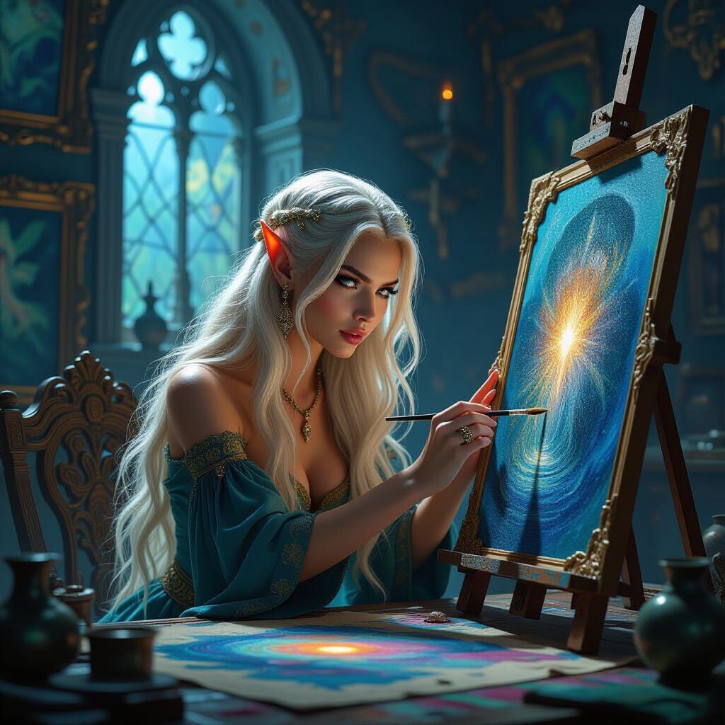 Elf Woman Painting in a Detailed Fantasy Room
