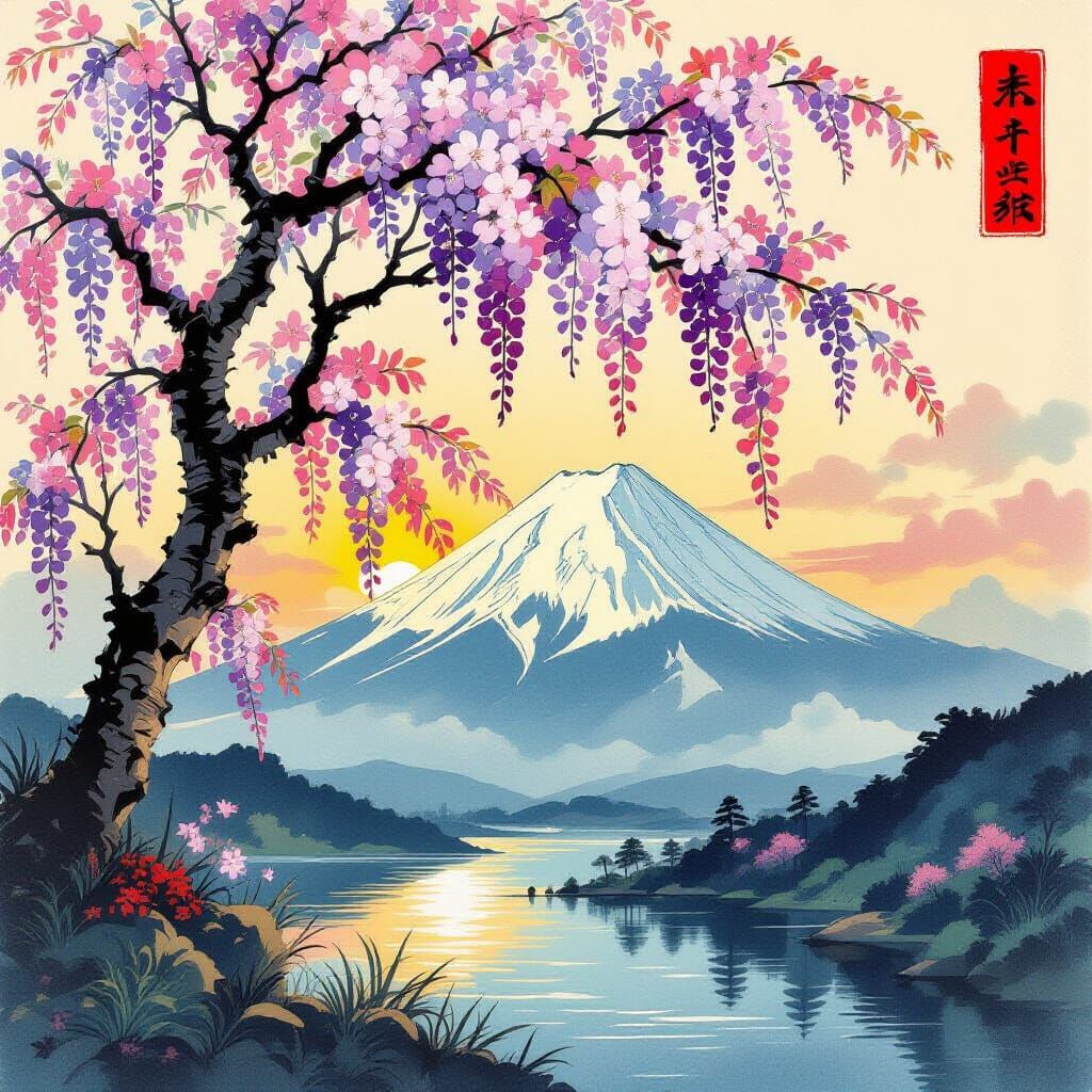 Wisteria Blossoms in Setting Sun, Ukiyo-e Style