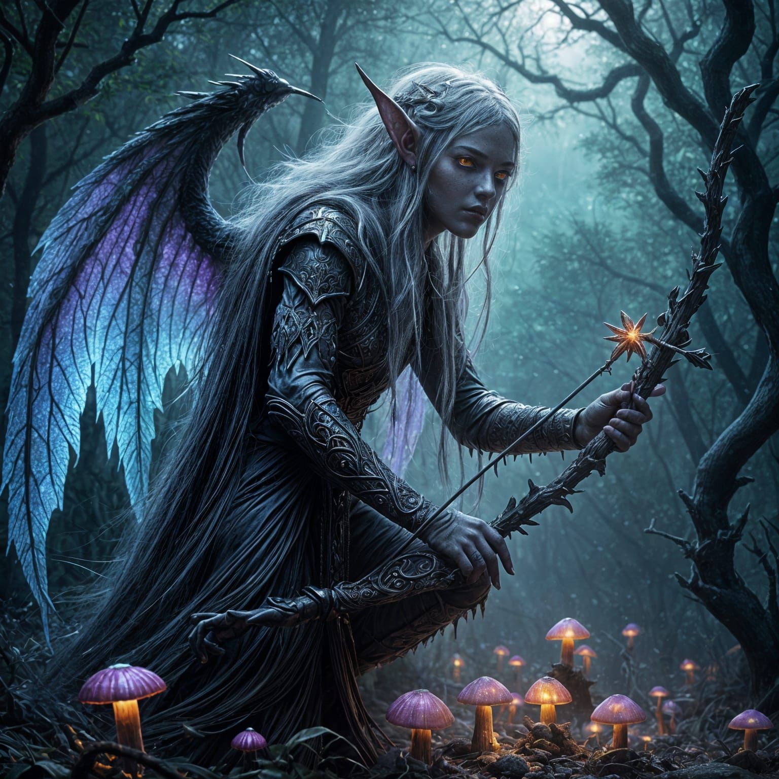 Mysterious Dark Fae Elf in Misty Ancient Forest