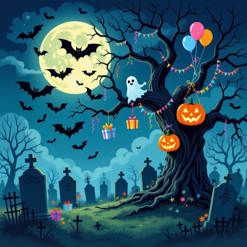 Bats Deliver Gifts in Moonlit Cemetery