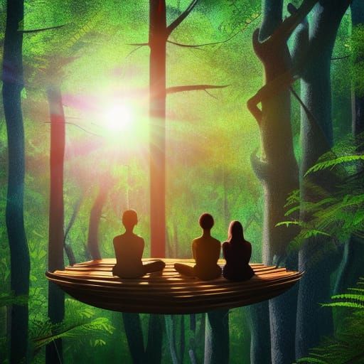 Sunlit Meditation Group in Forest Treehouse