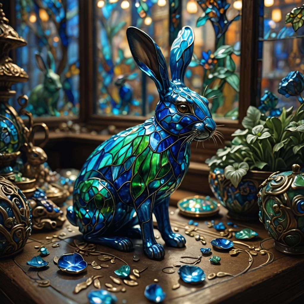 Blue Glass Hare in Art Nouveau Style