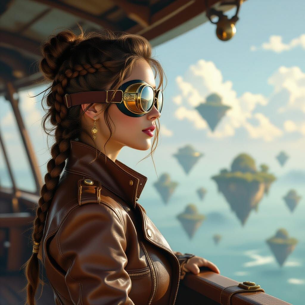 Steampunk Explorer on Airship Gazing at Floating Islands