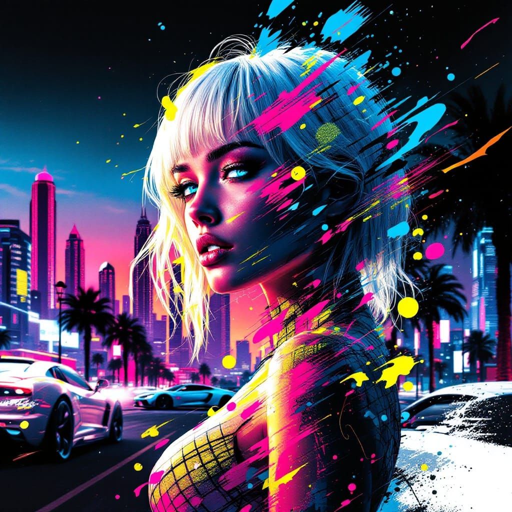 Cyberpunk Goddess Dissolves into Neon Digital Chaos
