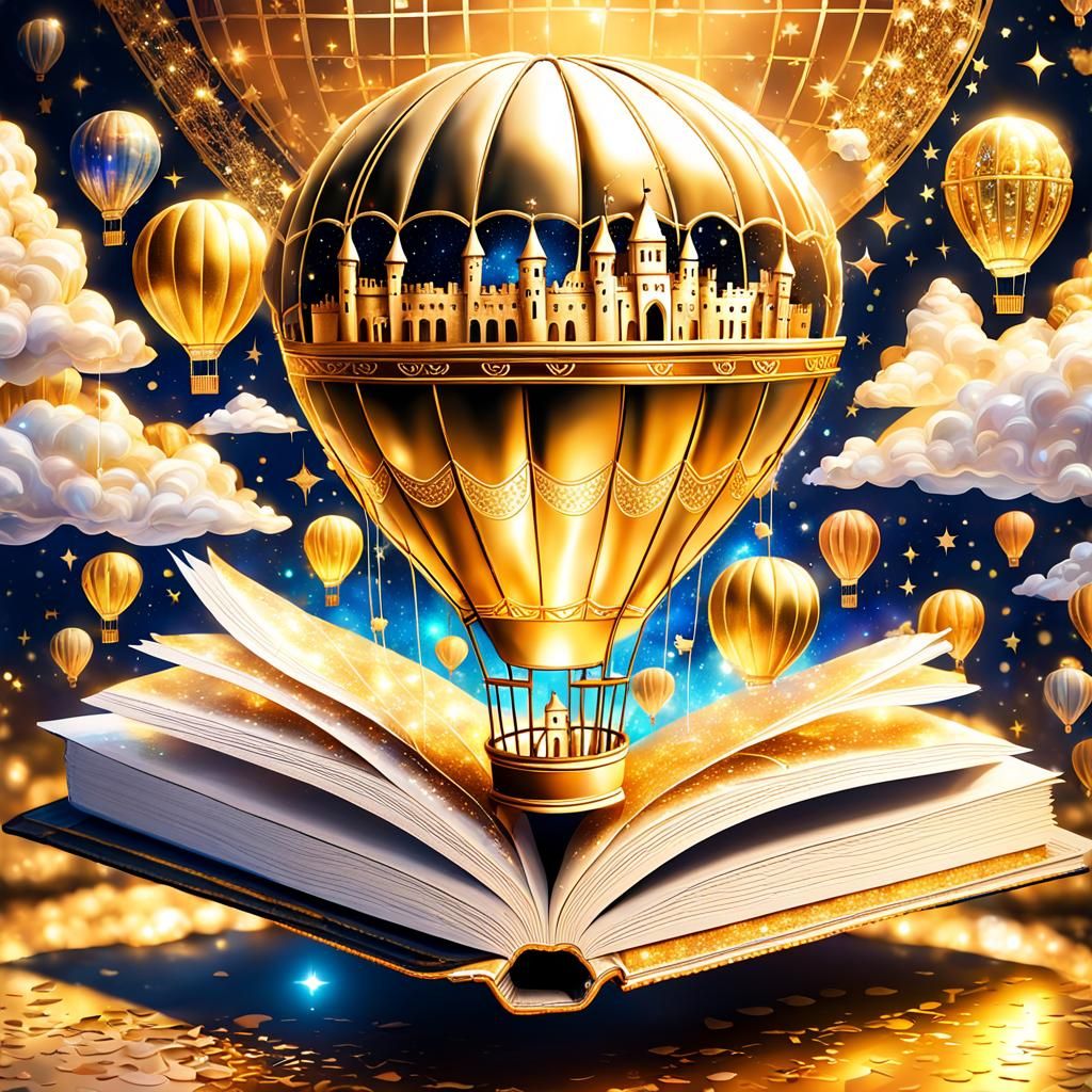 Golden Book with Fairytale Castle and Balloon