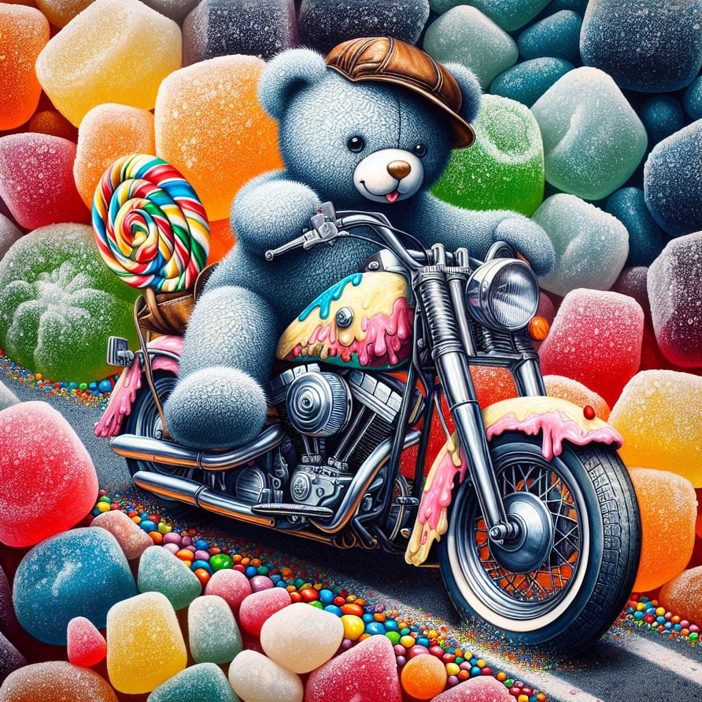 Teddy Bear on Candy Motorcycle: Street Art Adventure