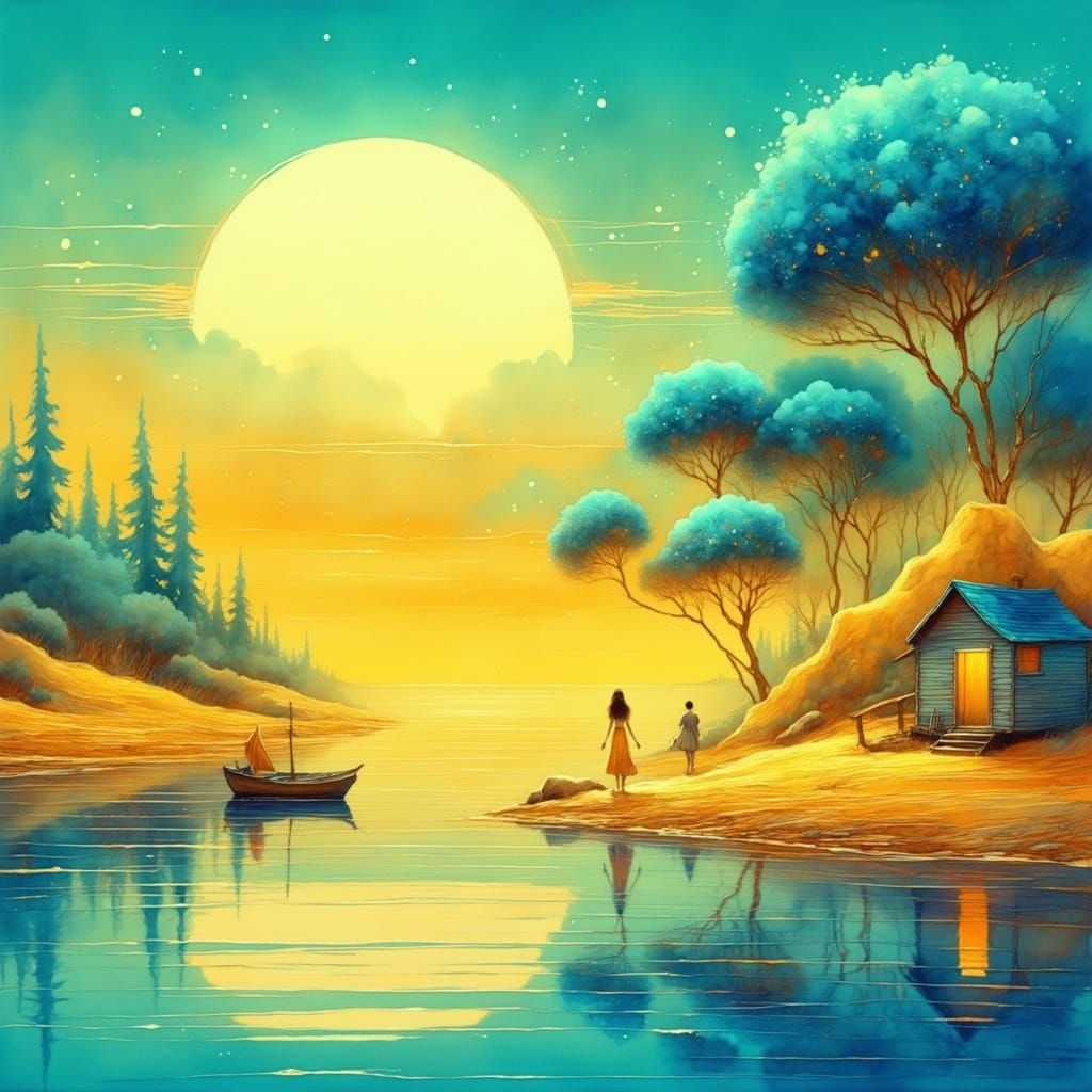 Surreal Woman on Lake in Style of Dali and Magritte