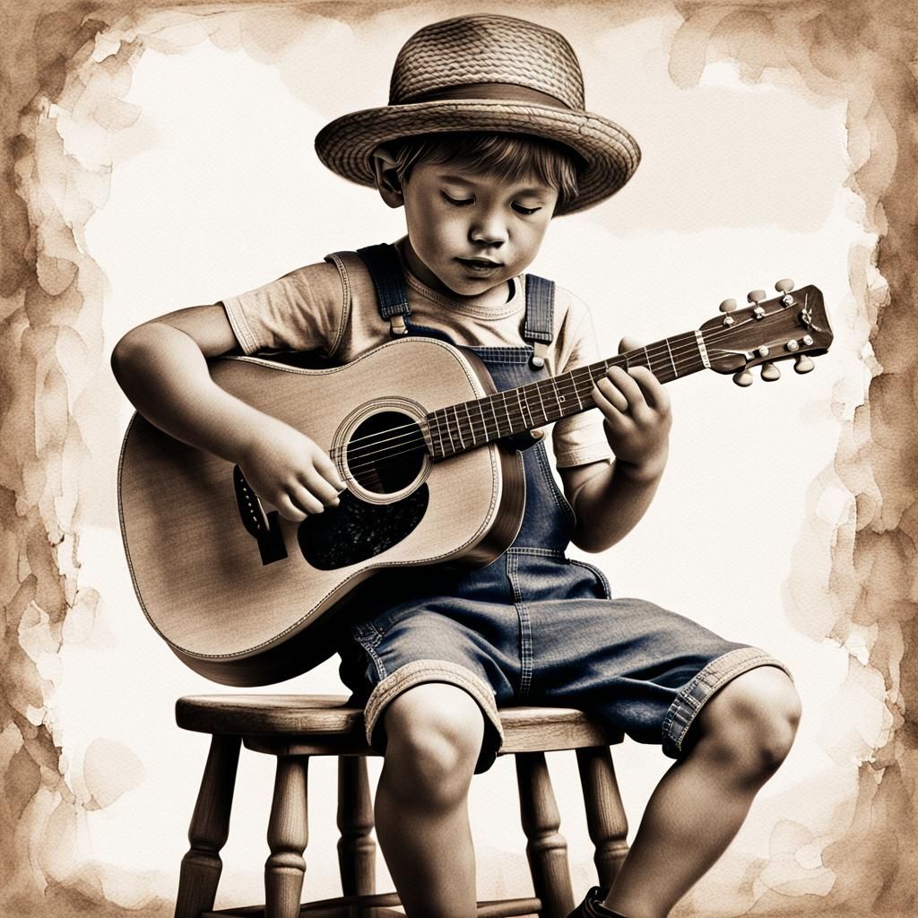 Child Playing Guitar: Whimsical Pencil Drawing