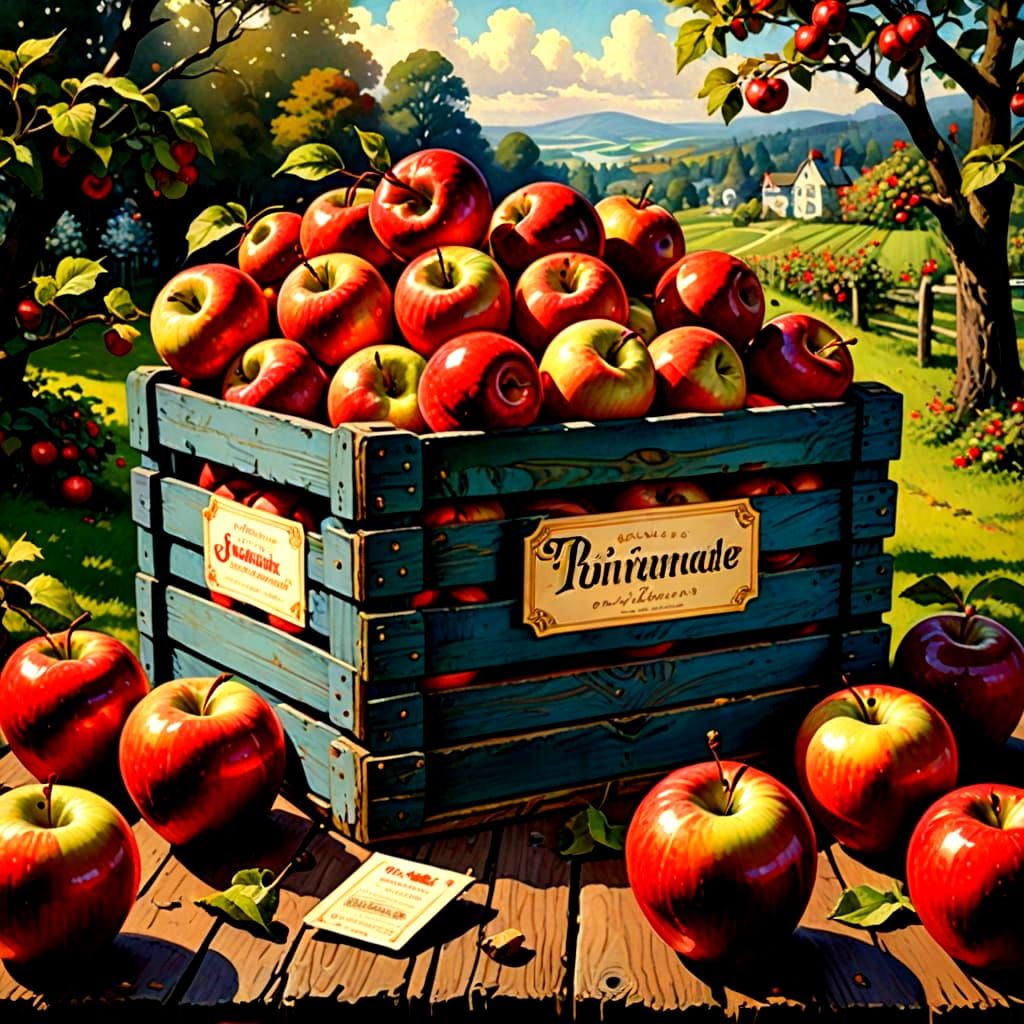 Retro Apple Crate in Vibrant European Ink Painting Style