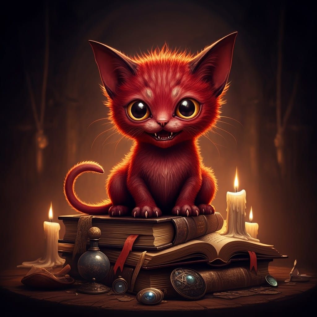 Vibrant Red Demonic Cat Sits Amidst Ancient Tomes and Candle...