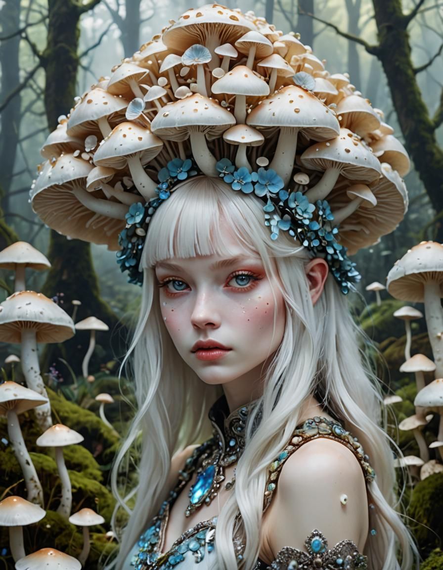 Albino Mushroom Girl with Gemstone Hair