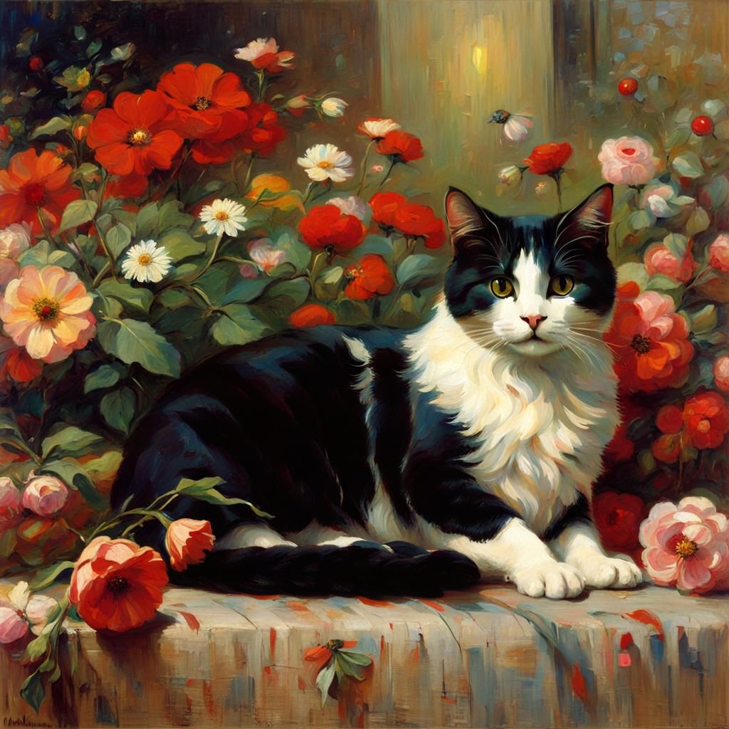 Cute Cat Surrounded by Flowers in Pre-Raphaelite Style