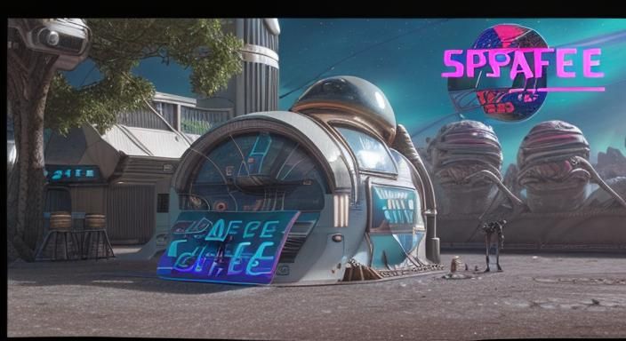 Cyberpunk Yard with Synthwave Food Trucks in Space Age Style