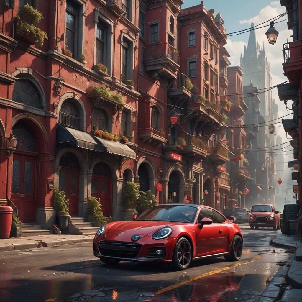 Mouse in Red Car: Detailed Matte Painting