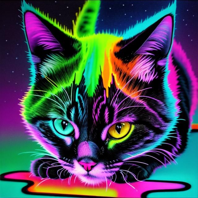 Neon Synthwave Cats in Mosaic Landscape
