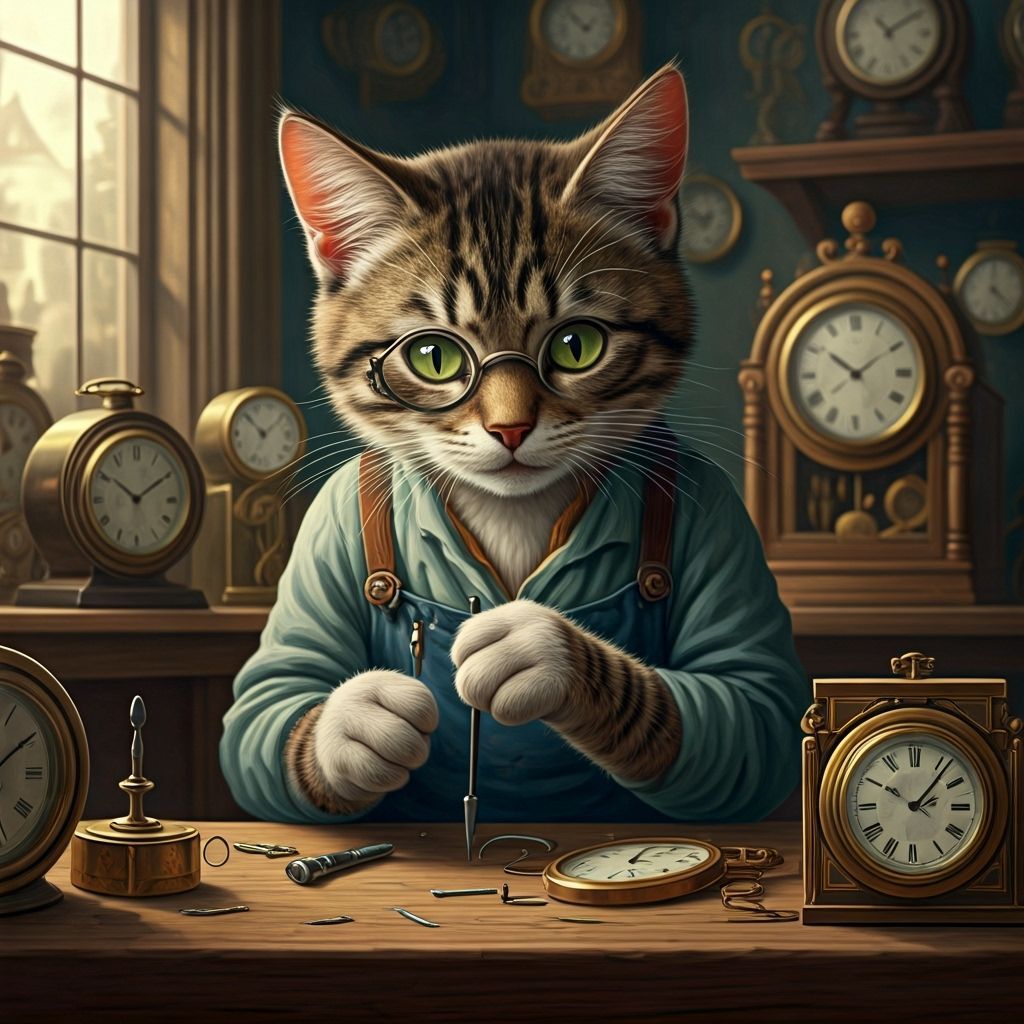 Tabby Kitten Workman Repairs Clock in Workshop