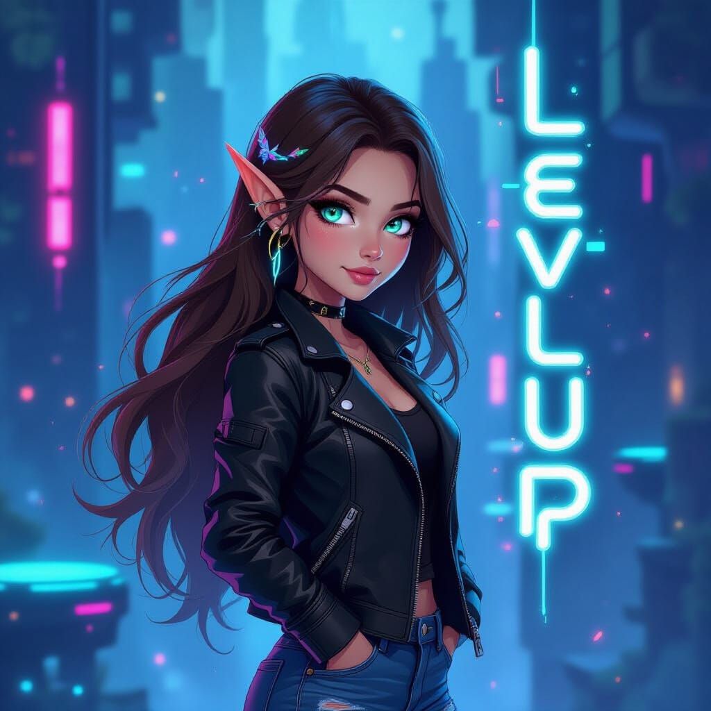 Elven Warrior 'Level Up' in Cyberpunk Style