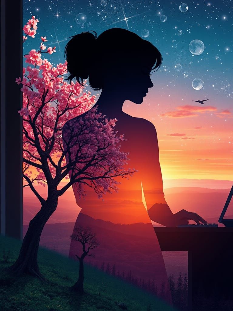 Dreamlike Double Exposure of Woman at Desk