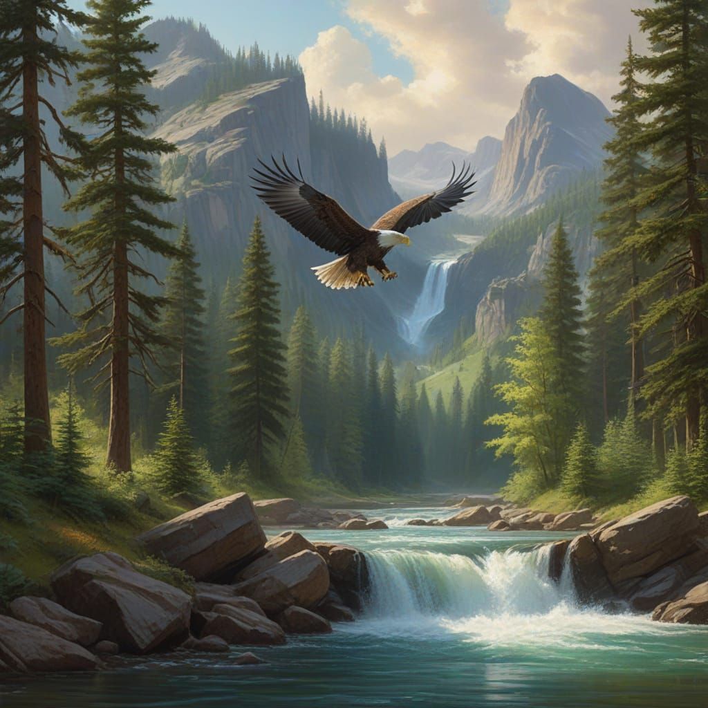 Eagle Soars Over Majestic Mountain Landscape in Warm Golden ...