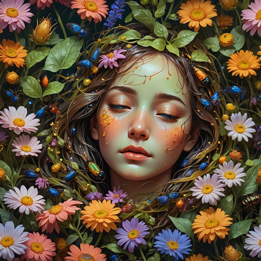 Hyperrealistic Glowworms Sleeping on Flowers: Concept Art