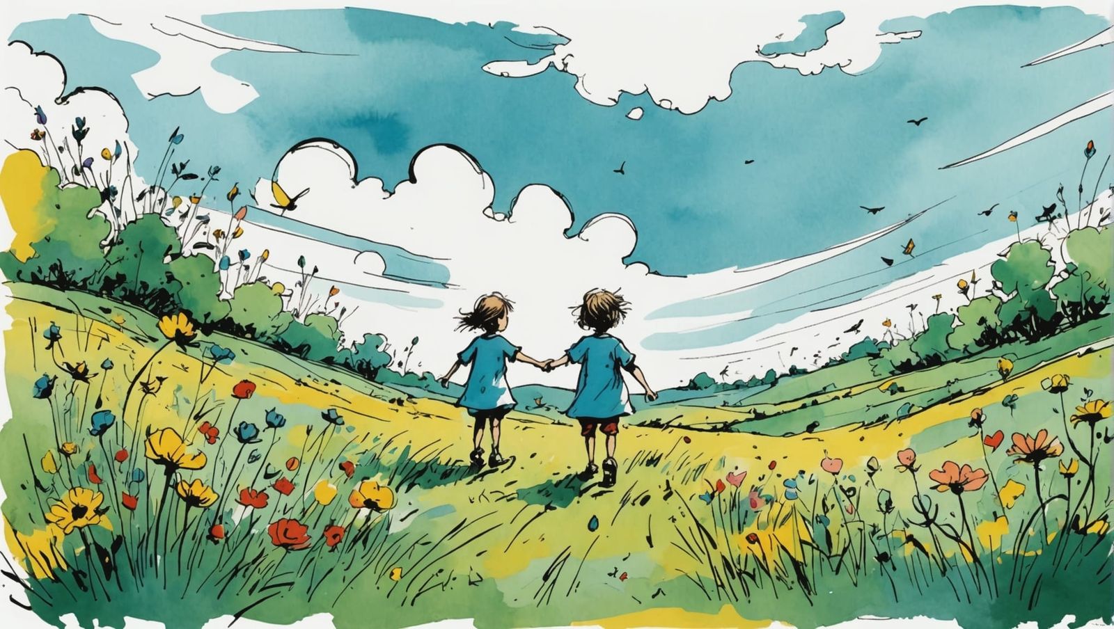 Children in a Blooming Meadow, Ink Drawing