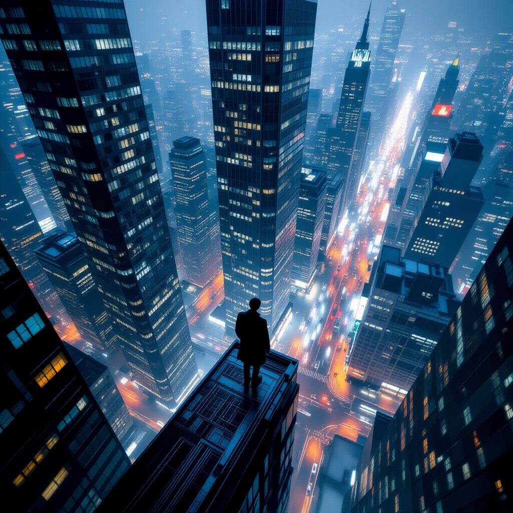 Lone Figure Gazing Over Dizzying Cityscape