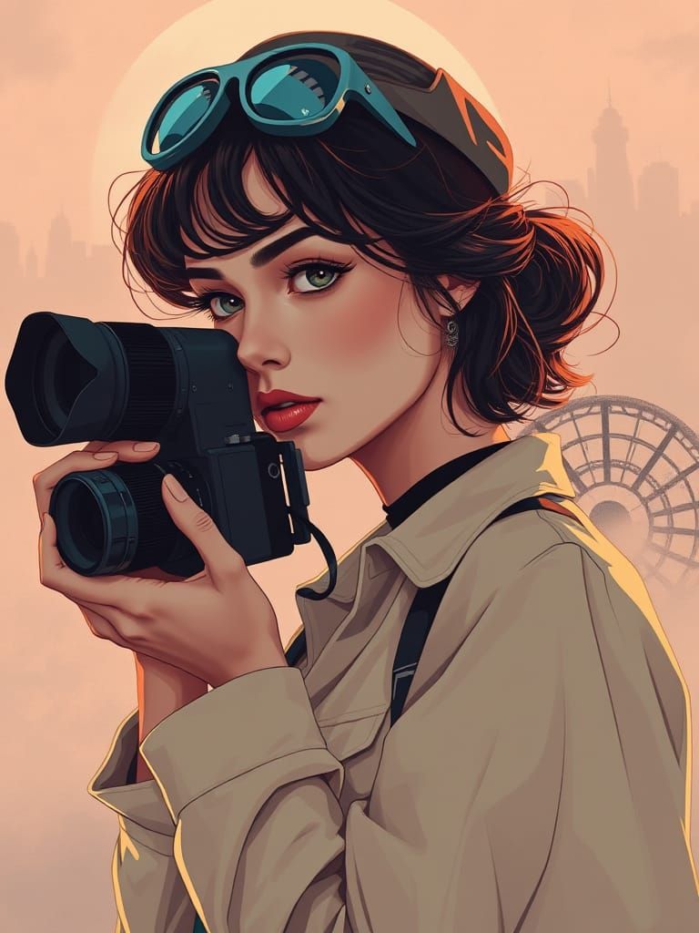 Retro Film Noir Woman with Camera in Inkpunk Style