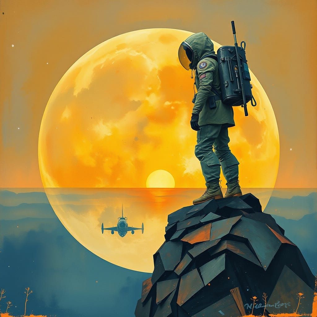 Courageous Space Explorer on Distant Moon with Twin Suns