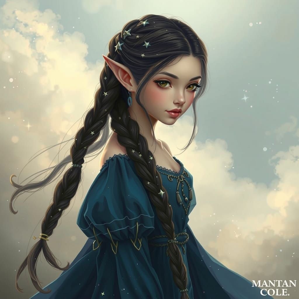 Ethereal Elf in Moonbeam Attire Amidst Heavenly Clouds