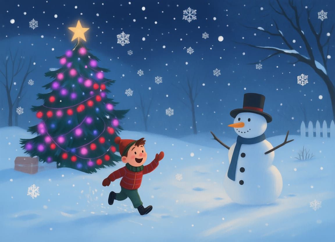 Retro Kid Enjoys Snowy Christmas With Festive Lights