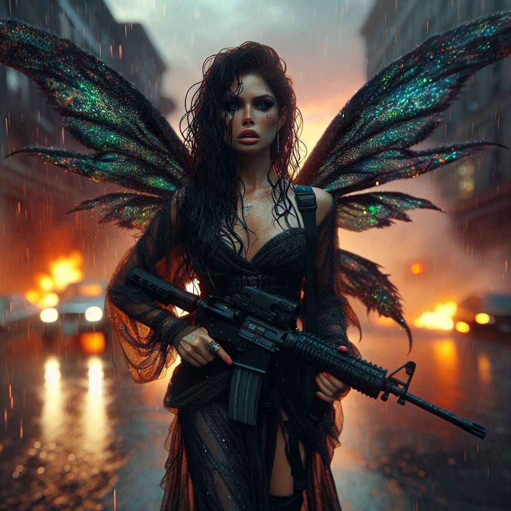 Furious Fairy in Burning City: Hyperrealistic Image