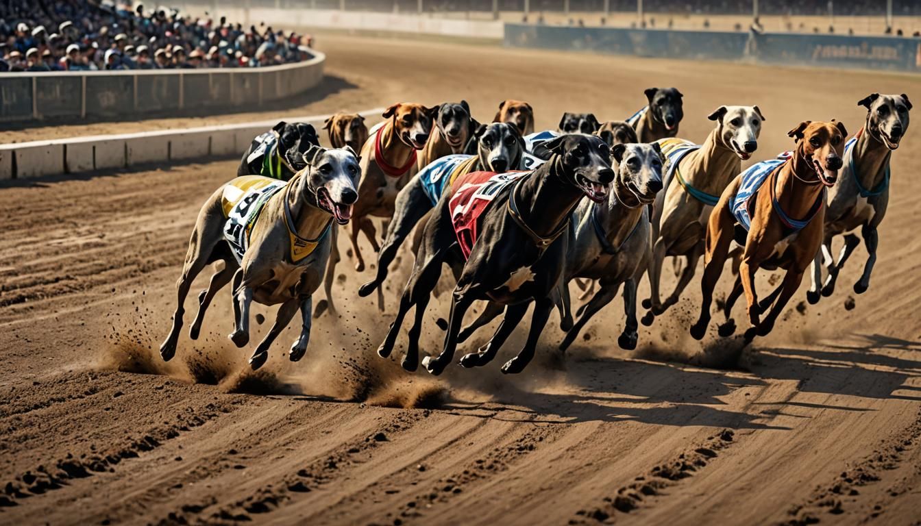 Greyhounds Racing on Dirt Track, Hyperrealistic Splash Art