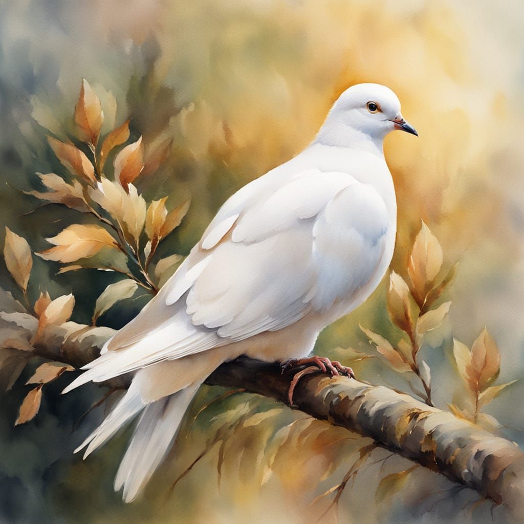 White Dove on Branch: Watercolor Painting